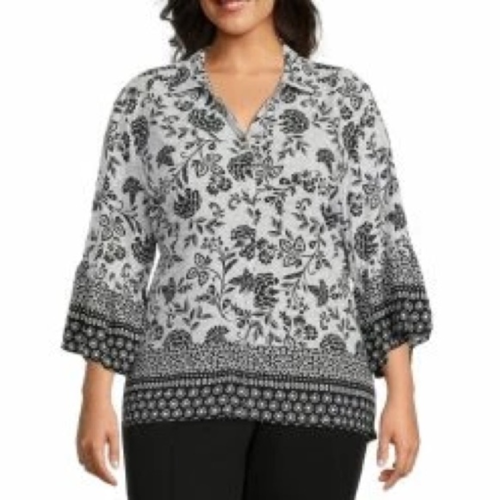NWT Allison Daley Size Large Black & White Floral Button Blouse